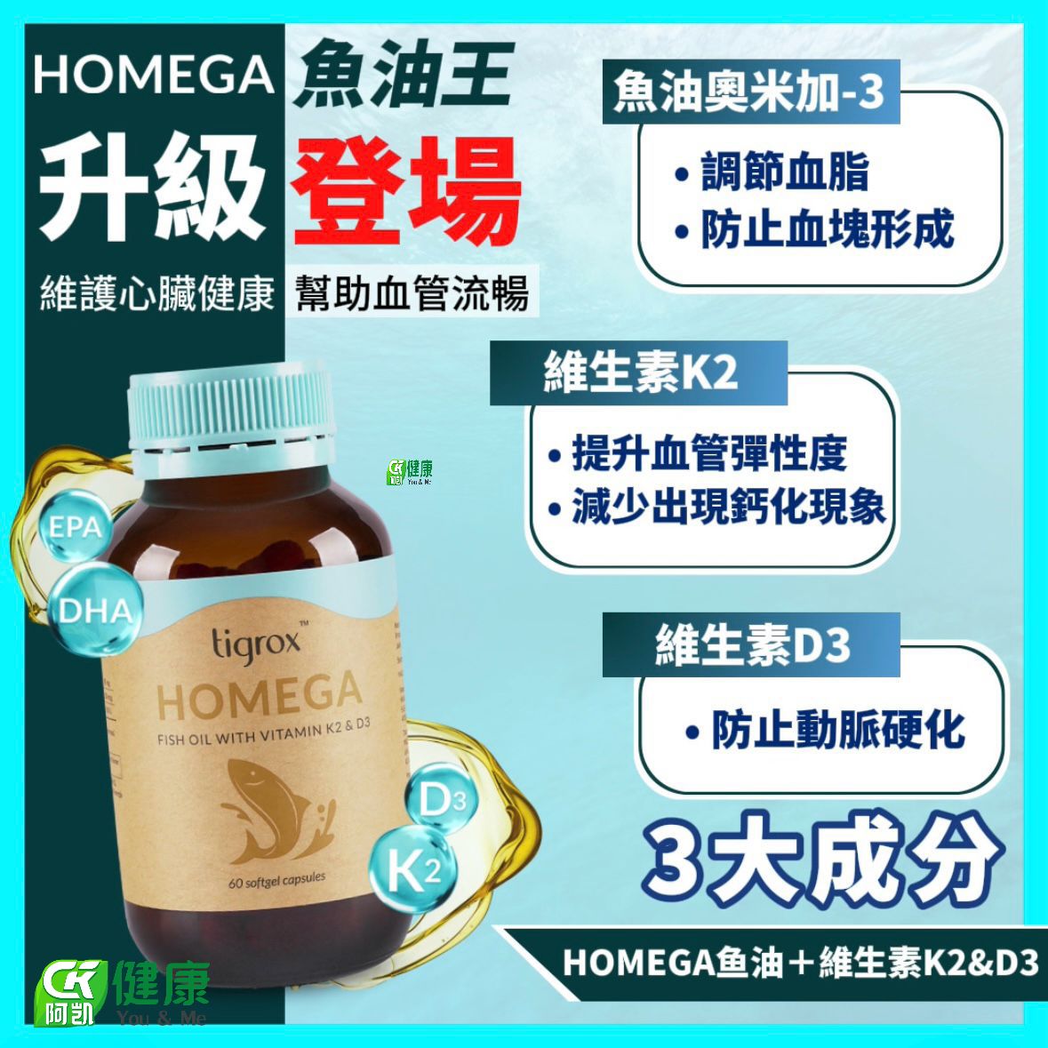 Tigrox HOMEGA 深海魚油 Omega-3 + K2 + D3 | 60粒