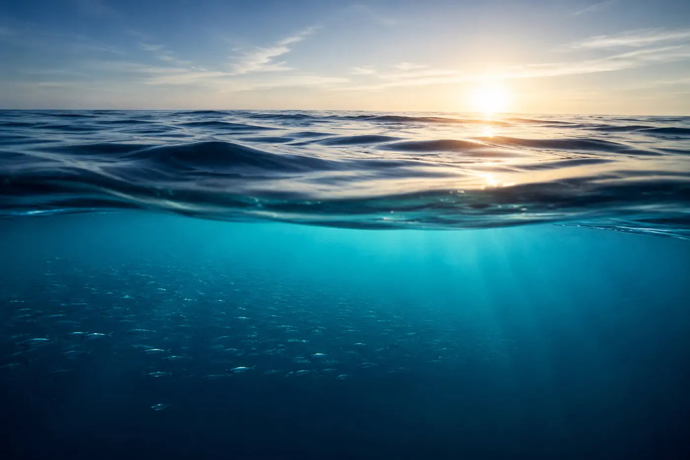 清澈深海與魚群，呈現 Omega-3 海洋來源概念